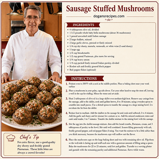 Baked sausage stuffed mushrooms filled with savory ground sausage and cream cheese, topped with melted parmesan and golden-brown breadcrumbs